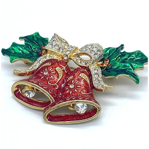 Red Christmas Bells with Bow & Holly Crystal Pin Brooch - Picture 1 of 6